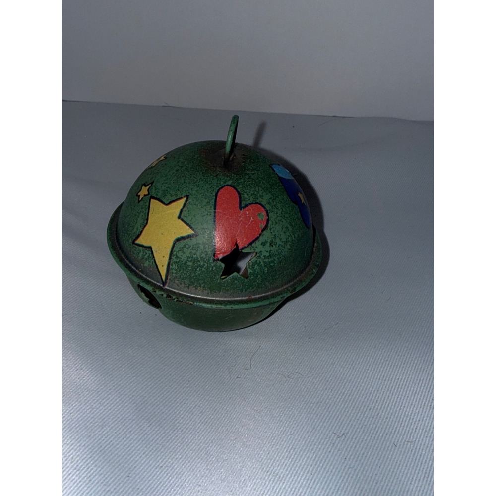 Vintage Christmas Jingle Bell Ornament Green Metal Painted Stars Hearts Mittens